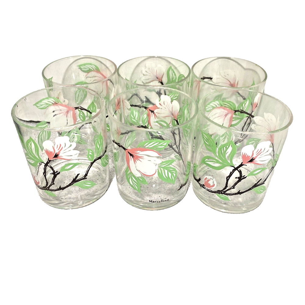HJ Stotter Acrylic Tumblers Plastic Set (6) Marcelline Floral Dogwood 1970’s